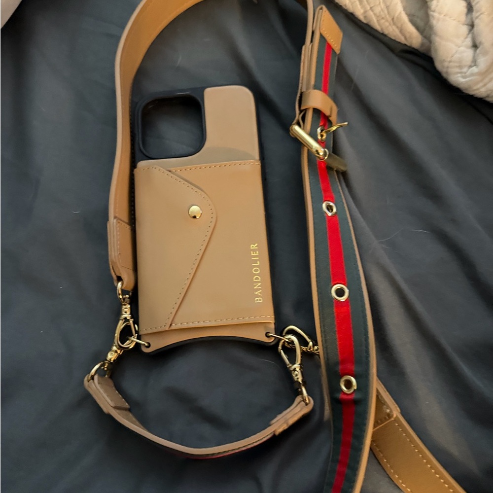 Bandolier Tan Leather Crossbody Phone Case with Red-Striped Strap crossbody